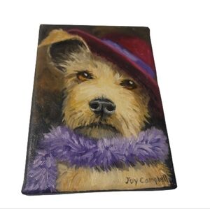 AIREDALE TERRIER canvas painting in hat and scarf 7 X 5